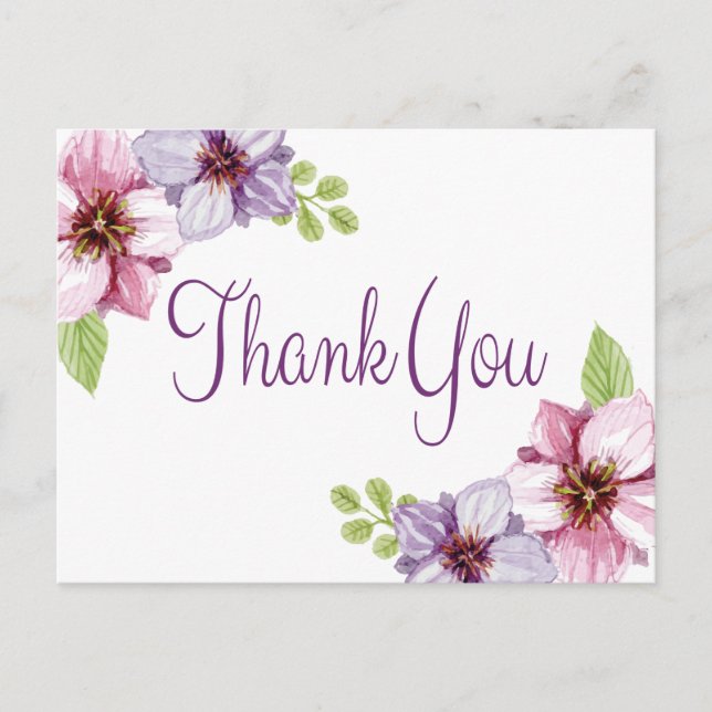 Blommigt Vattenfärgsfärgens Lila Tack blomma Vykort (Framsida)