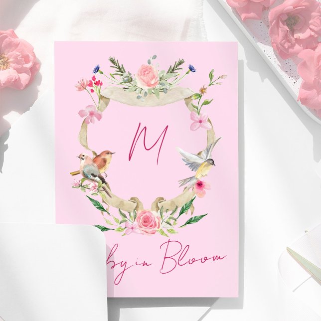 Blommigt Vattenfärgsfilter Rosa Monogram babyskiss Inbjudningar (Skapare uppladdad)