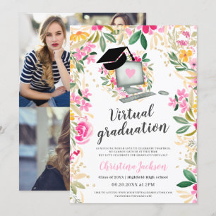 Blommigt vattenfärgsfoto guld virtuella studenten inbjudningar
