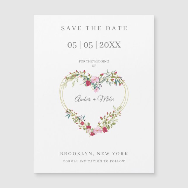 Blommigt Vattenfärgshjärta med Löv i Rosa och rött (Framsida)