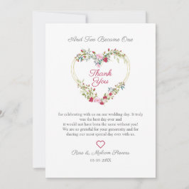 Blommigt Vattenfärgshjärta med Löv i Rosa och rött Tack Kort