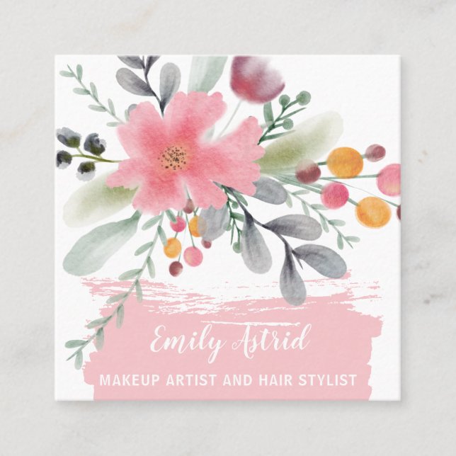 Blommigt vattenfärgsmaktivering hårskript rosa fyr fyrkantigt visitkort (Framsida)