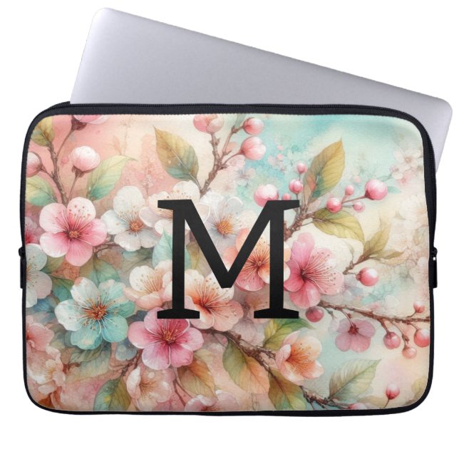 Blommigt vattenfärgsmonogram blommar av körsbär me laptop fodral (Framsidan)