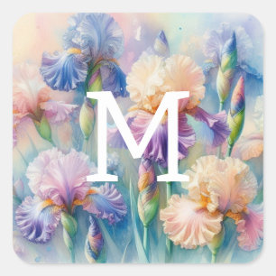 Blommigt vattenfärgsmonogram lila iris-blommor fyrkantigt klistermärke