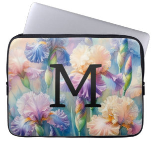 Blommigt vattenfärgsmonogram lila iris-blommor laptop fodral