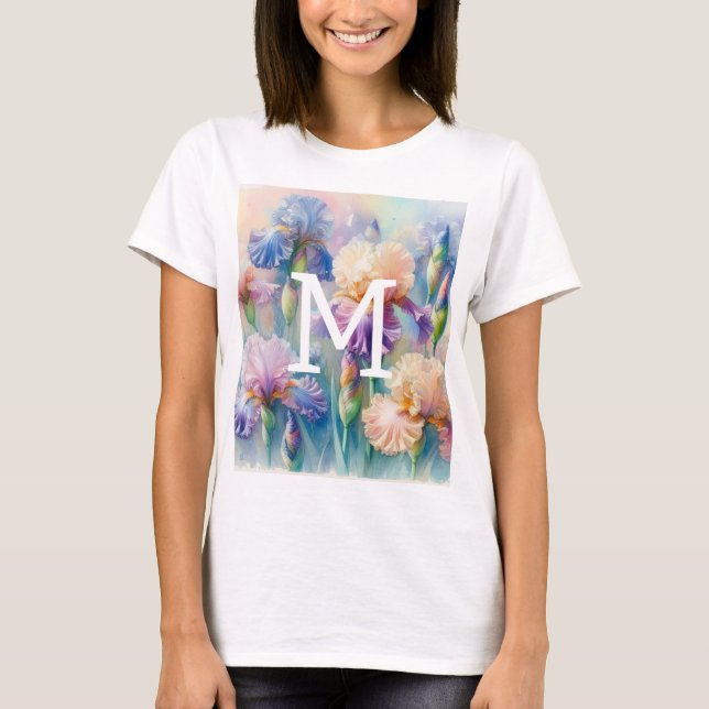 Blommigt vattenfärgsmonogram lila iris-blommor t shirt (Framsida)
