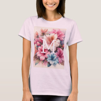 Blommigt vattenfärgsmonogram rosa blue azaleas t shirt
