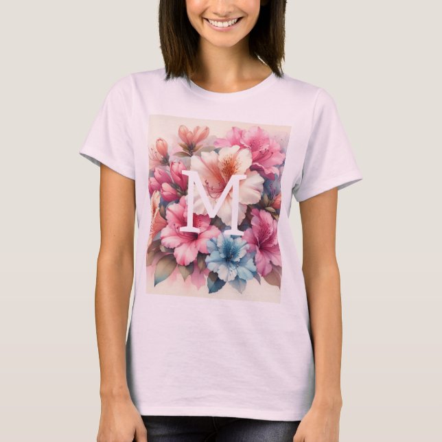 Blommigt vattenfärgsmonogram rosa blue azaleas t shirt (Framsida)