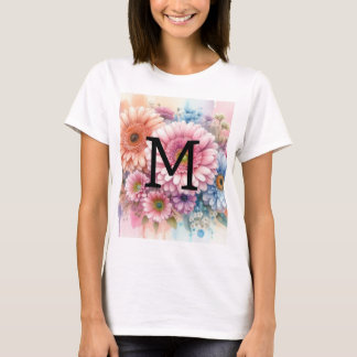 Blommigt vattenfärgsmonogram rosa gerbera-daisy t shirt