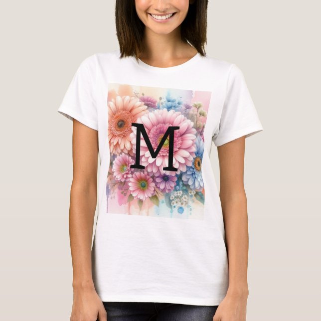 Blommigt vattenfärgsmonogram rosa gerbera-daisy t shirt (Framsida)