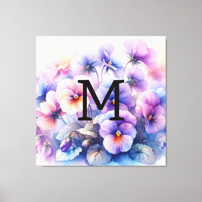 Blommigt vattenfärgsmonogram rosa lila pansier för canvastryck (Framsida)