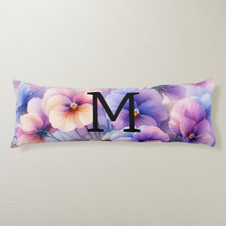 Blommigt vattenfärgsmonogram rosa lila pansier för kroppskudde