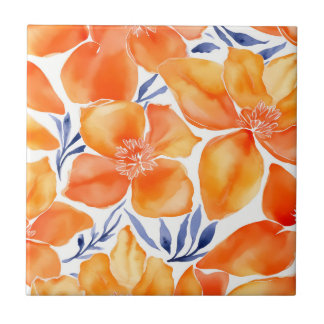 Blommigt vattenfärgsorange mönster kakelplatta