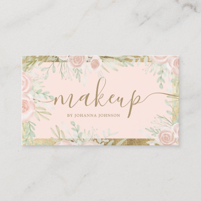  blommigt vattenfärgssammansättning rosa guld ram visitkort (Framsida)