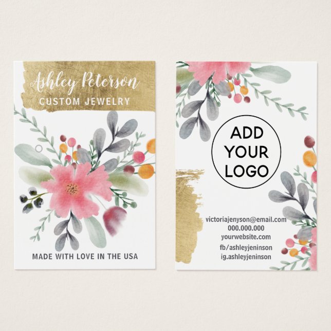 Blommigt vattenfärgsskiva guld chic visning för ör visitkort (Framsida & baksida)