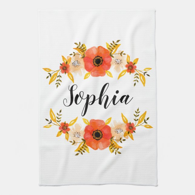 Blommigt Vattenfärgstext för Anpassningsbar av kor Kökshandduk (Vertikal)