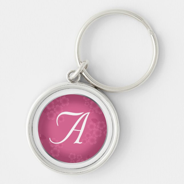 Blommigt Vattenmark Fuchsia Monogram Keychain Rund Silverfärgad Nyckelring (Framsidan)