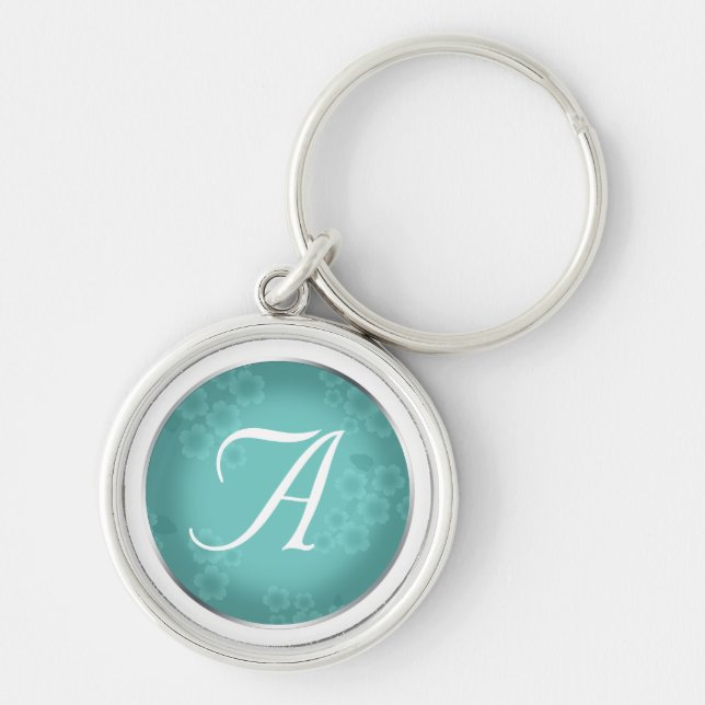 Blommigt - vattenstämpelturkos, monogram nyckelked rund silverfärgad nyckelring (Framsidan)