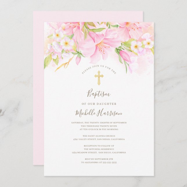 Blommigt Vattentärsfärg Fintvätt av  Rosa Flickor  Inbjudningar (Fram/baksida)