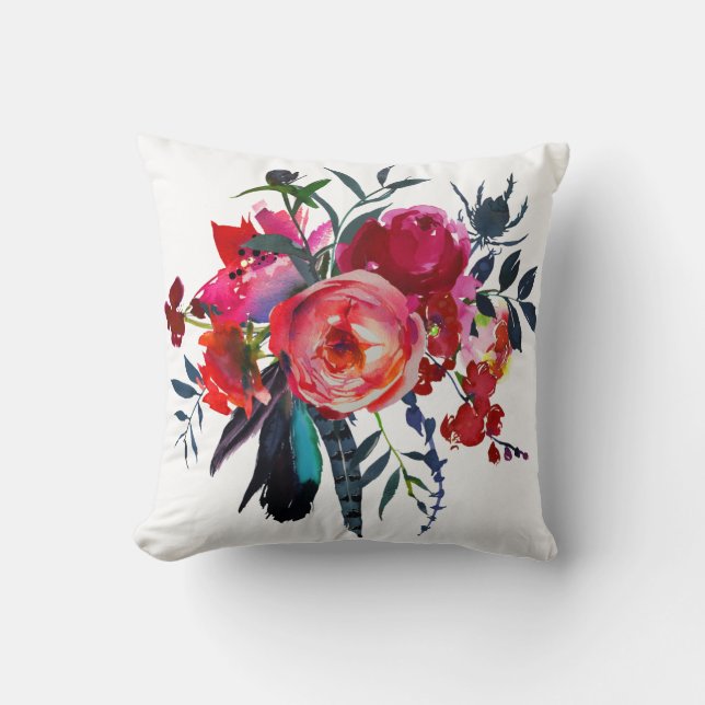 Blommigt vibrant boho chic red navy bouquet kudde (Framsida)