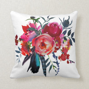 Blommigt vibrant boho chic red navy bouquet kudde