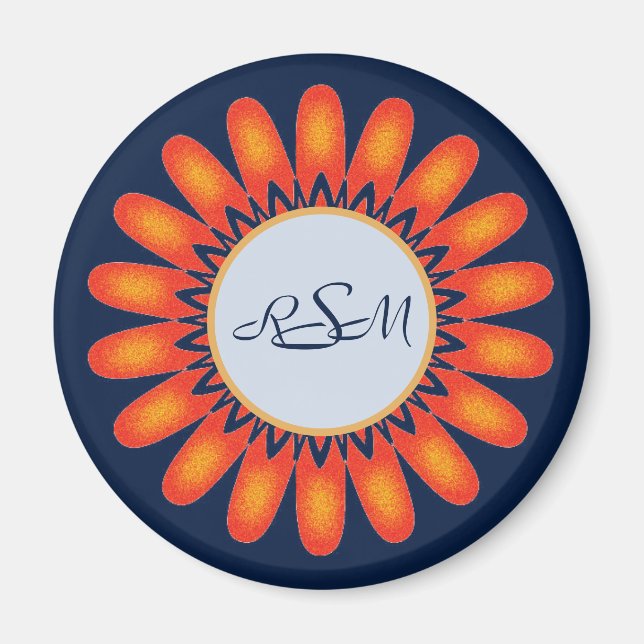 Blommigt Vibrant Orange Blå marinblå monogram Magnet (Framsidan)