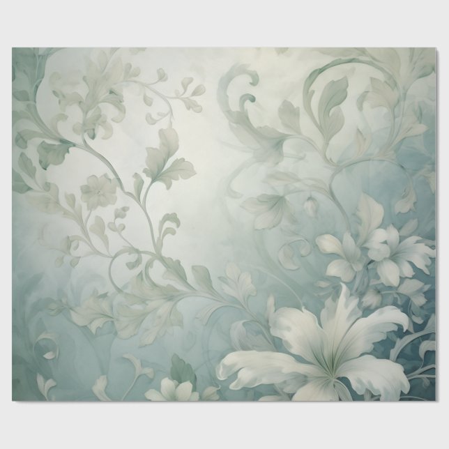 Blommigt Victorian Blue Grått Elegant Flower Fanta Presentpapper (Platt)