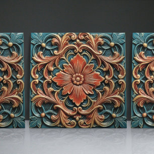 Blommigt Victorian Teal Orange Löv Mönster Kakelplatta