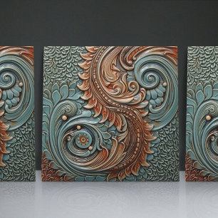 Blommigt Victorian Teal Orange Löv Mönster Kakelplatta