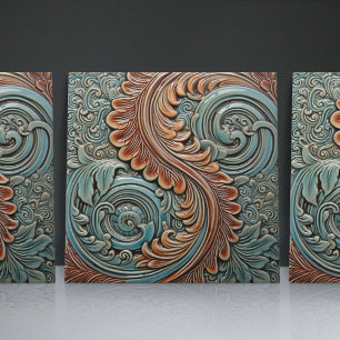 Blommigt Victorian Teal Orange Löv Mönster Kakelplatta