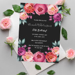 Blommigt vid födelsedag svart ro guld  rosa lila inbjudningar<br><div class="desc">Ett inbjudningskort för elegant för en 50:e (eller någon ålder) födelsedagsfest. Med contemporary  rosa,  lila och färgad vid ro,  vattenfärgade blommor,  blommigtar som guld. Chicens svarta bakgrund. Namn är skrivet med ett vitt handskript skrivet stil.</div>