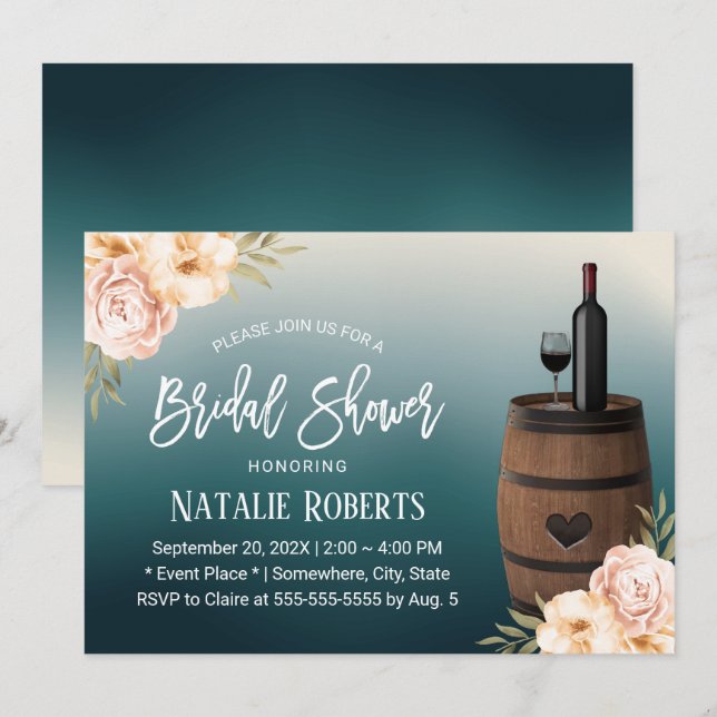 Blommigt Vin Barrel Teal Ombre Möhippa Inbjudningar (Fram/baksida)