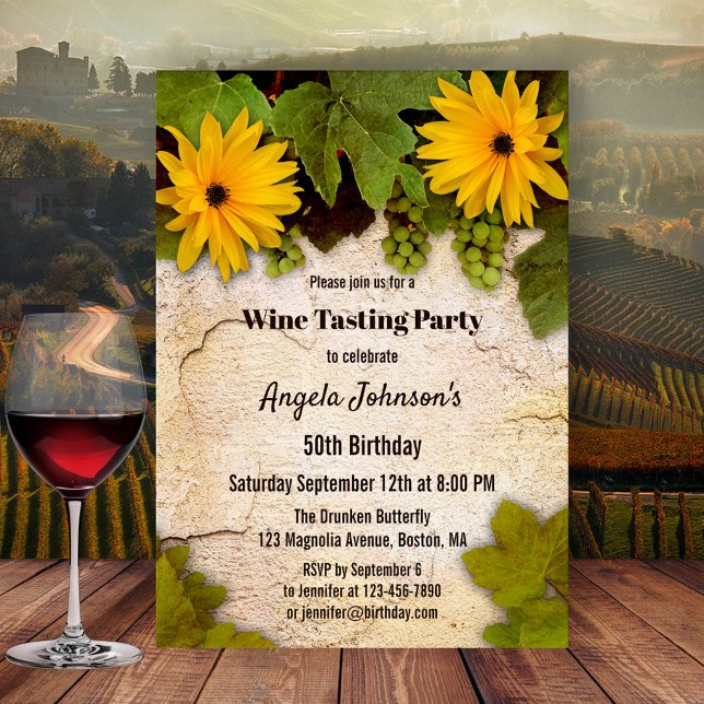 Blommigt Vin: Bjud på födelsedagsinbjudan Inbjudningar (Birthday party invitation featuring a wine theme with hanging grapes and leaves on a rustic wall)