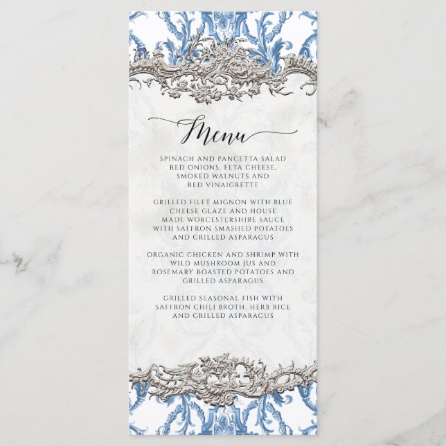 Blommigt Vintage Baroque Rococo Blue och Silver Meny (Framsida)