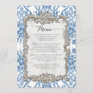 Blommigt Vintage Baroque Rococo Blue Silver Menu Meny