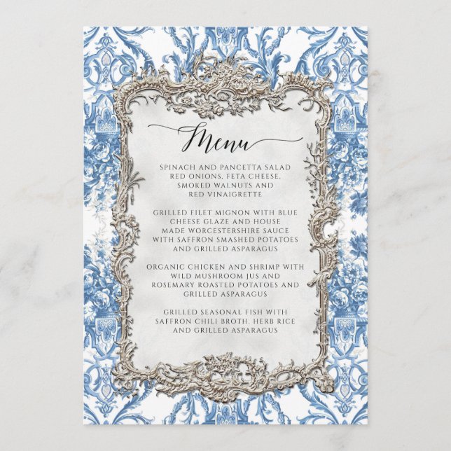 Blommigt Vintage Baroque Rococo Blue Silver Menu Meny (Framsida)