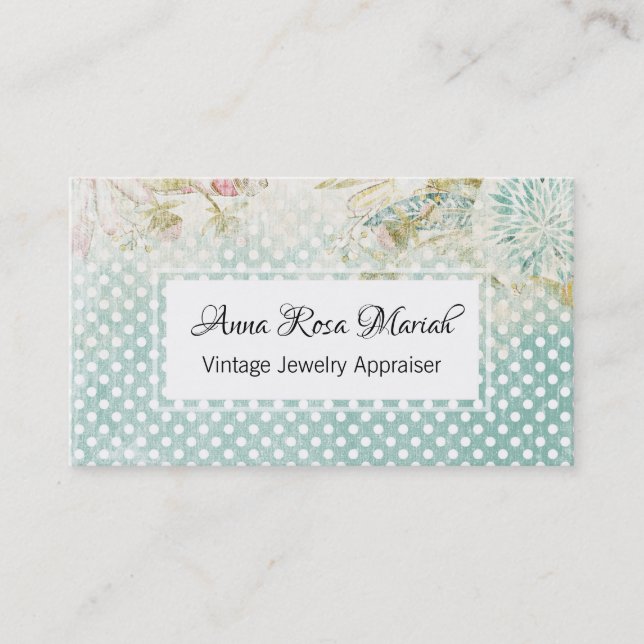 *~* Blommigt Vintage Blue Polka Dot Flowers Visitkort (Framsida)