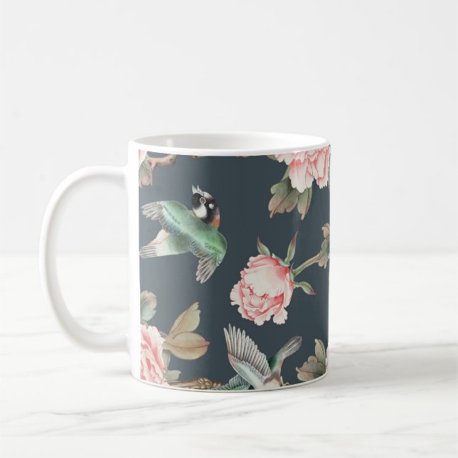 Blommigt Vintage Chinoiserie Rosa Decoupage-vävnad Kaffemugg (Vänster)