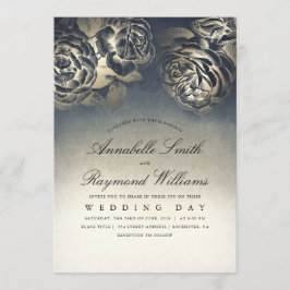 Blommigt Vintage Eclectic Blue och Guld Bröllop Inbjudningar