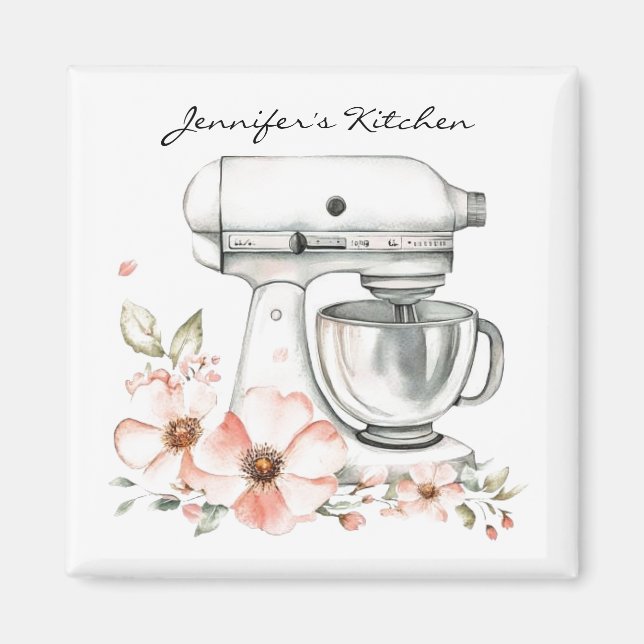 Blommigt Vintage Electric Mixer Kitchen Magnet (Framsidan)