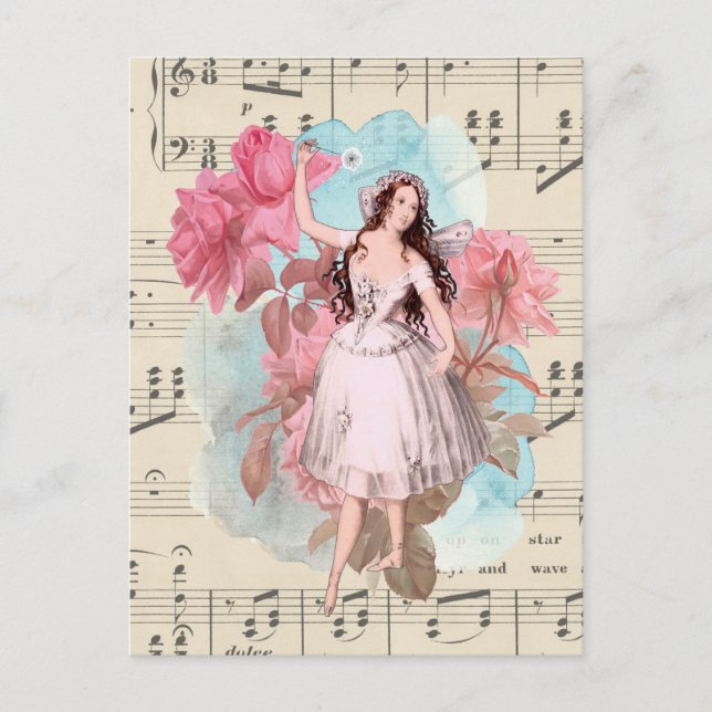 Blommigt Vintage Fairy Music Ballerina Dancer Vykort (Framsida)