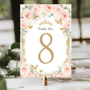 Blommigt Vintage Guld Birthday Quinceanera Bordsnummer