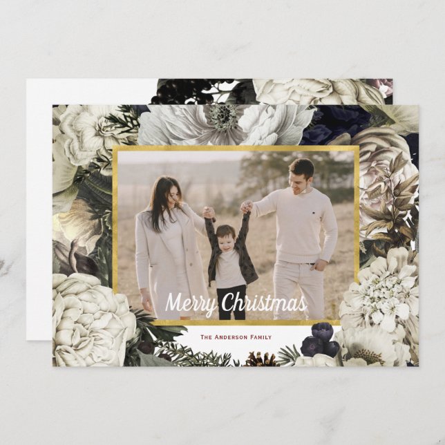 Blommigt Vintage-julfoto Julkort (Fram/baksida)
