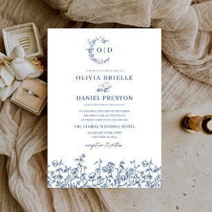 Blommigt Vintage, marinblått monogram Bröllop Inbjudningar