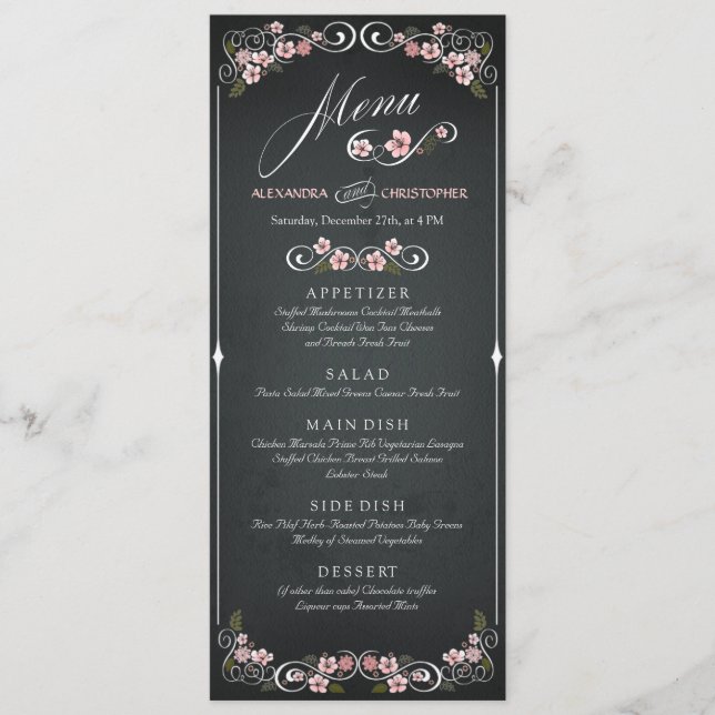 Blommigt Vintage med  Fet Bröllop Meny (Framsida)