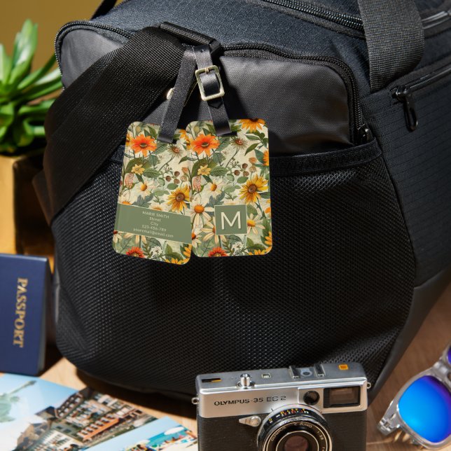 Blommigt Vintage - monogram resagemärkning Bagagebricka (Fram & Baksida)