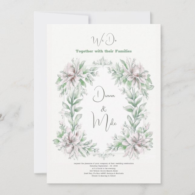 Blommigt Vintage Sage grönt, med närmare uppgifter Inbjudningar (Framsida)