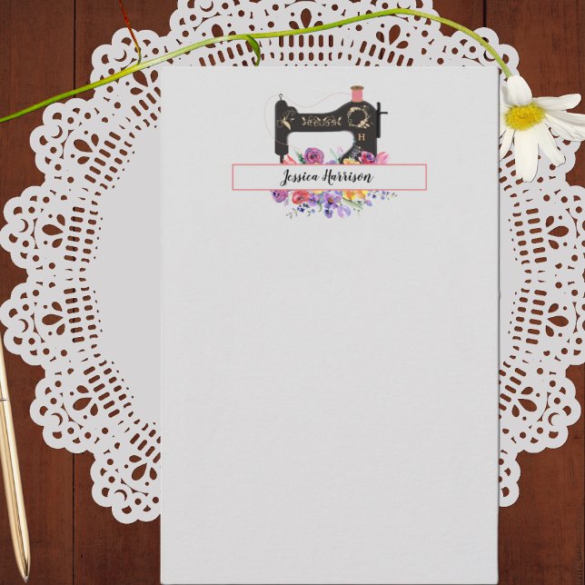 Blommigt Vintage Sewing Maskin Monogram Brevpapper (Skapare uppladdad)