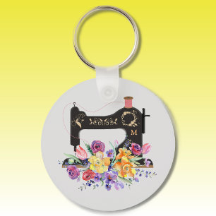 Blommigt Vintage Sewing Maskin Monogram Nyckelring