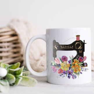 Blommigt Vintage Sewing Maskin Monogram Två-Tonad Mugg